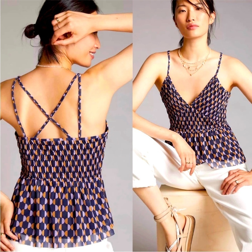 Anthropologie Empire Waist Mesh Crossover Smocked Ruffled V-Neck Tank M NWT